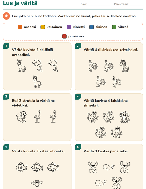 Esikatselu: Lue ja väritä-tehtäväarkki, aiheena Eläimet MV 5, 1. luokka