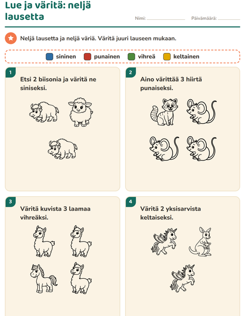 Lue ja väritä: neljä lausetta ja neljä väriä