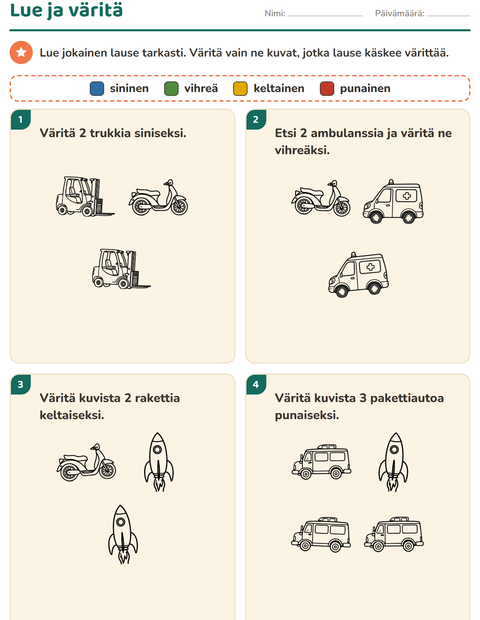 Esikatselu: Lue ja väritä-tehtäväarkki, aiheena Ajoneuvot MV 3, 1. luokka