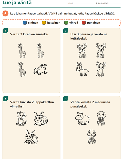 Esikatselu: Lue ja väritä-tehtäväarkki, aiheena Eläimet MV 3, 1. luokka