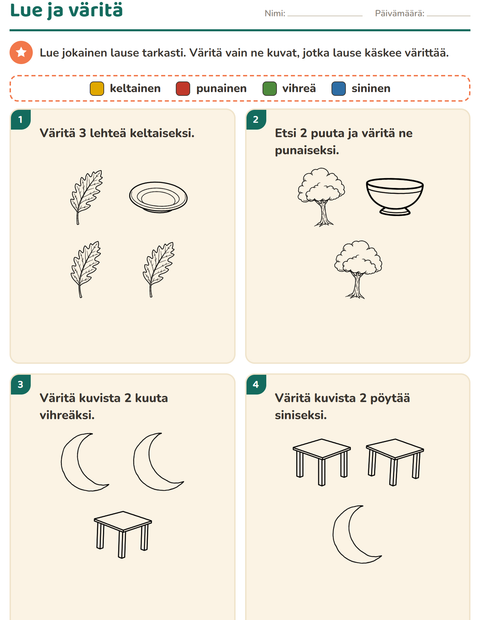 Esikatselu: Lue ja väritä-tehtäväarkki, aiheena Koti ja Luonto MV, 1. luokka