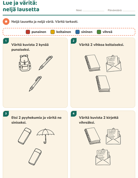 Esikatselu: Lue ja väritä-tehtäväarkki, aiheena Koulutus MV, 1. luokka