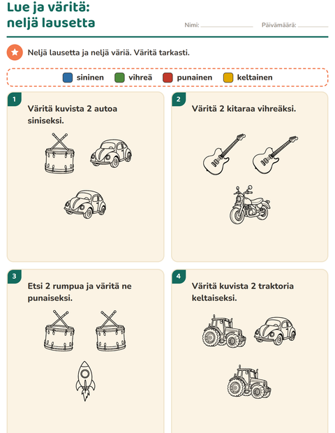 Esikatselu: Lue ja väritä-tehtäväarkki, aiheena Lelut MV, 1. luokka