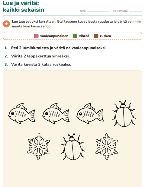 Esikatselu: Lue ja väritä-tehtäväarkki, aiheena Luonto MV, 1. luokka