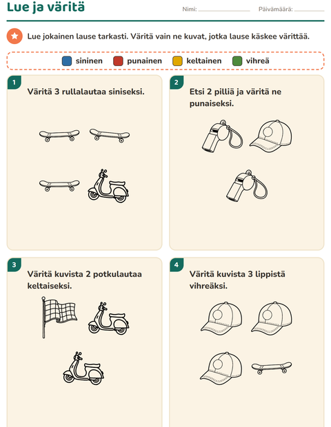 Esikatselu: Lue ja väritä-tehtäväarkki, aiheena Urheilu MV, 1. luokka