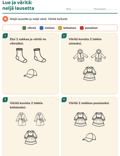 Esikatselu: Lue ja väritä-tehtäväarkki, aiheena Vaatteet MV, 1. luokka