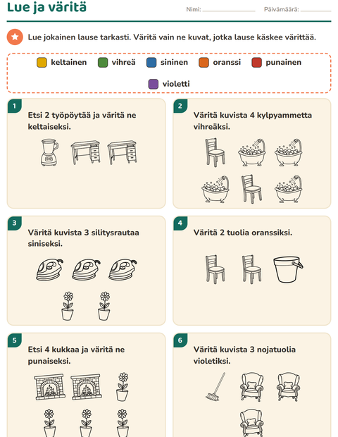 Esikatselu: Lue ja väritä-tehtäväarkki, aiheena Koti MV 2, 1. luokka