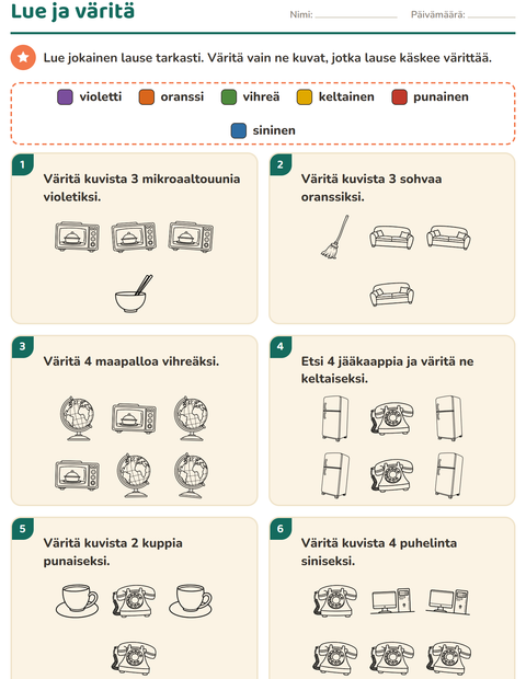 Esikatselu: Lue ja väritä-tehtäväarkki, aiheena Kotitalous MV, 1. luokka