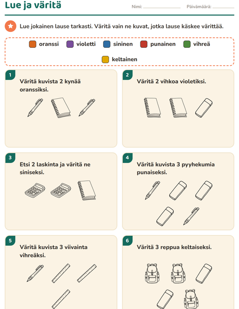 Esikatselu: Lue ja väritä-tehtäväarkki, aiheena Koulutus MV, 1. luokka