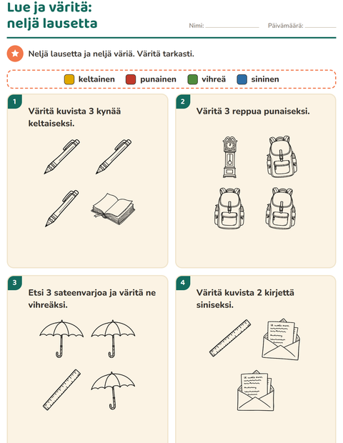 Esikatselu: Lue ja väritä-tehtäväarkki, aiheena Koulutus MV, 1. luokka