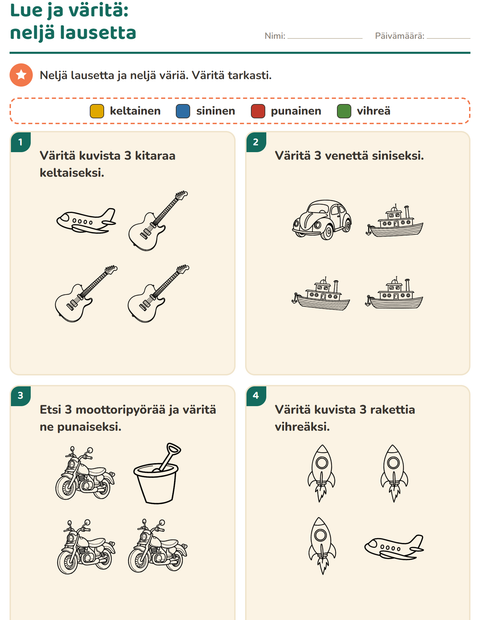 Esikatselu: Lue ja väritä-tehtäväarkki, aiheena Lelut MV, 1. luokka
