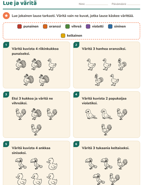 Esikatselu: Lue ja väritä-tehtäväarkki, aiheena Linnut M&V 2, 1. luokka