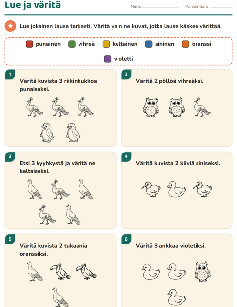 Esikatselu: Lue ja väritä-tehtäväarkki, aiheena Linnut M&V, 1. luokka