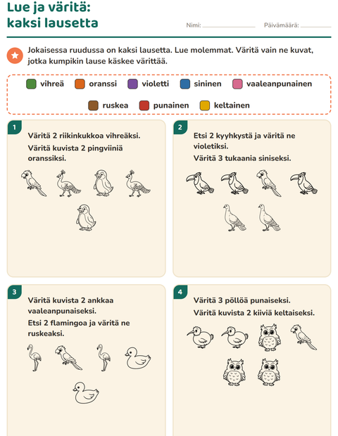 Esikatselu: Lue ja väritä-tehtäväarkki, aiheena Linnut M&V, 1. luokka