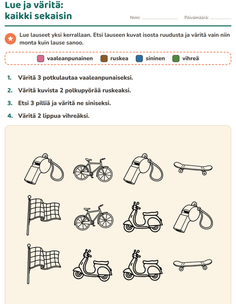 Esikatselu: Lue ja väritä-tehtäväarkki, aiheena Urheilu MV, 1. luokka