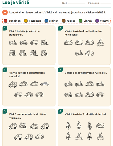 Esikatselu: Lue ja väritä-tehtäväarkki, aiheena Ajoneuvot MV 3, 1. luokka