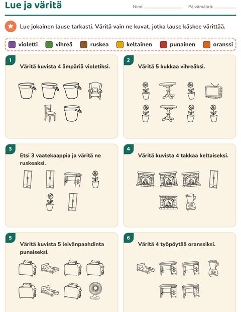 Esikatselu: Lue ja väritä-tehtäväarkki, aiheena Koti MV 2, 1. luokka