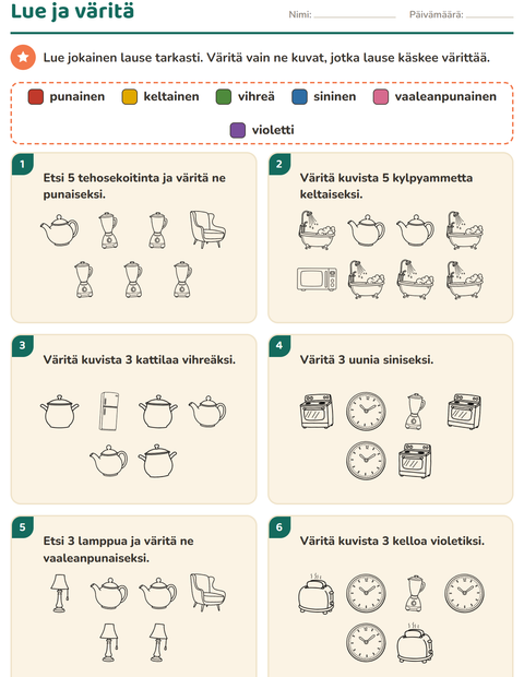 Esikatselu: Lue ja väritä-tehtäväarkki, aiheena Koti MV, 1. luokka