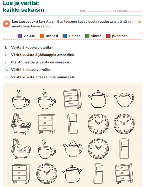 Esikatselu: Lue ja väritä-tehtäväarkki, aiheena Koti MV, 1. luokka