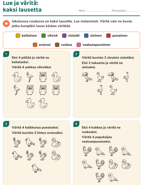 Esikatselu: Lue ja väritä-tehtäväarkki, aiheena Linnut M&V 2, 1. luokka