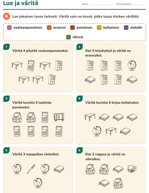 Esikatselu: Lue ja väritä-tehtäväarkki, aiheena Luokkahuone 2 (M/V), 1. luokka
