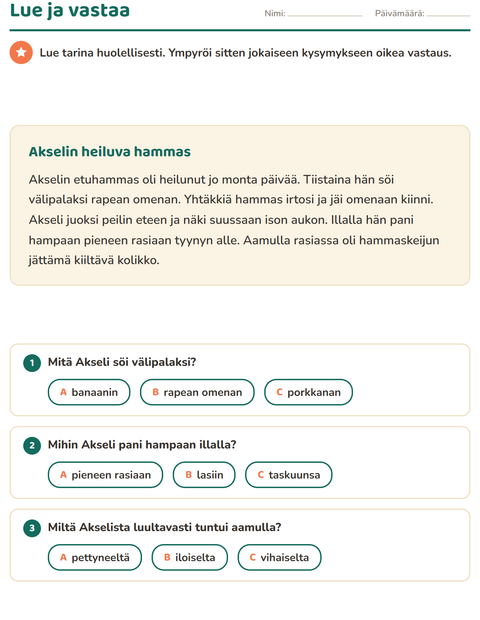 Esikatselu: Luetun ymmärtäminen-tehtäväarkki, 2. luokka