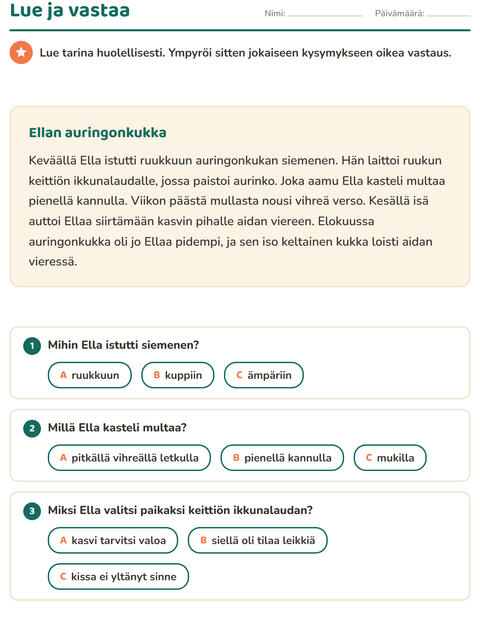 Esikatselu: Luetun ymmärtäminen-tehtäväarkki, 2. luokka