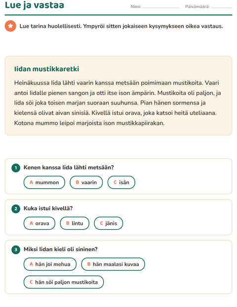 Esikatselu: Luetun ymmärtäminen-tehtäväarkki, 2. luokka