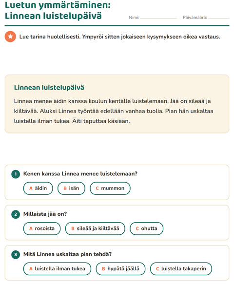 Esikatselu: Luetun ymmärtäminen-tehtäväarkki, 2. luokka