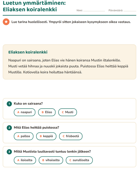 Esikatselu: Luetun ymmärtäminen-tehtäväarkki, 2. luokka