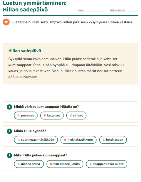 Esikatselu: Luetun ymmärtäminen-tehtäväarkki, 2. luokka