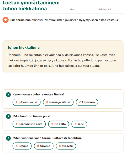 Esikatselu: Luetun ymmärtäminen-tehtäväarkki, 2. luokka
