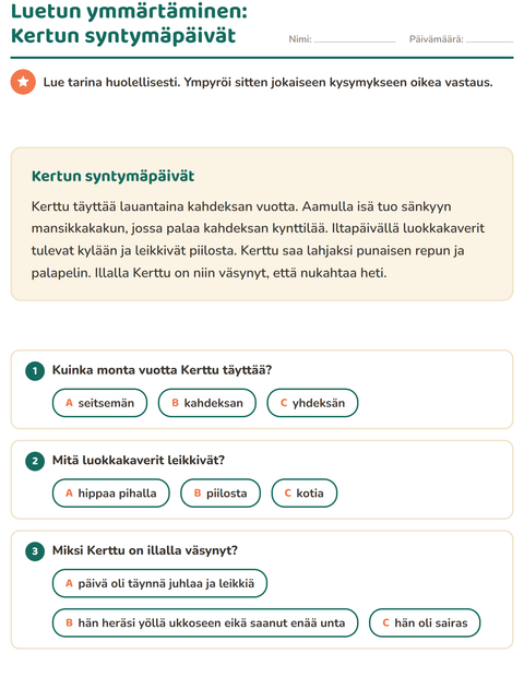 Esikatselu: Luetun ymmärtäminen-tehtäväarkki, 2. luokka
