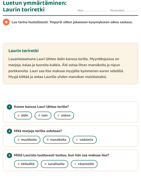 Esikatselu: Luetun ymmärtäminen-tehtäväarkki, 2. luokka