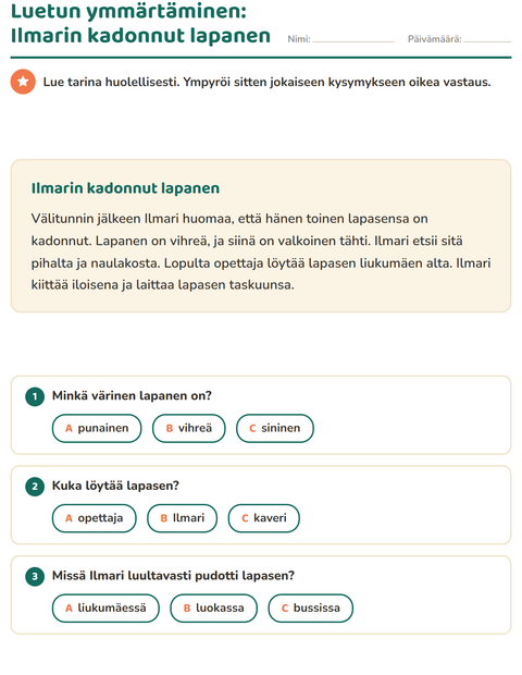 Esikatselu: Luetun ymmärtäminen-tehtäväarkki, 2. luokka