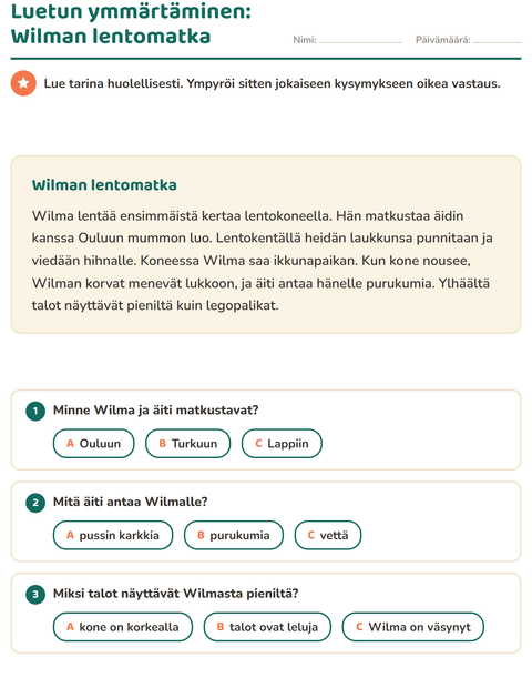 Esikatselu: Luetun ymmärtäminen-tehtäväarkki, 2. luokka