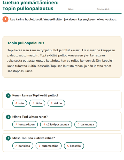 Esikatselu: Luetun ymmärtäminen-tehtäväarkki, 2. luokka