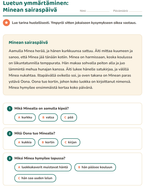 Esikatselu: Luetun ymmärtäminen-tehtäväarkki, 2. luokka