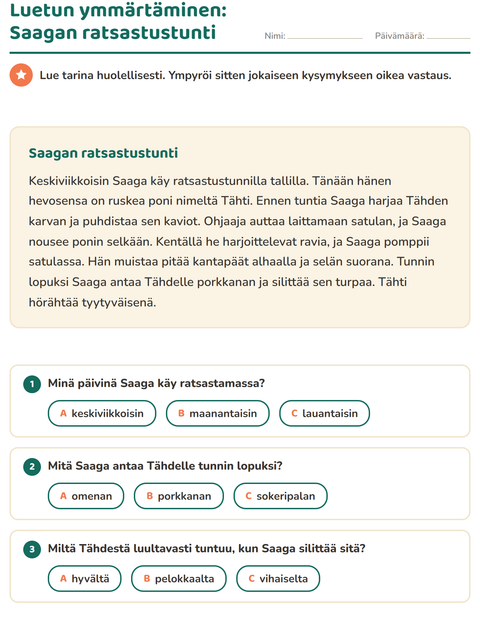 Esikatselu: Luetun ymmärtäminen-tehtäväarkki, 2. luokka