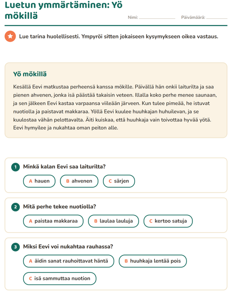 Esikatselu: Luetun ymmärtäminen: Yö mökillä