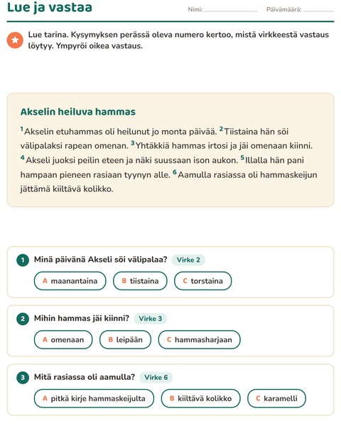 Esikatselu: Luetun ymmärtäminen-tehtäväarkki, 2. luokka