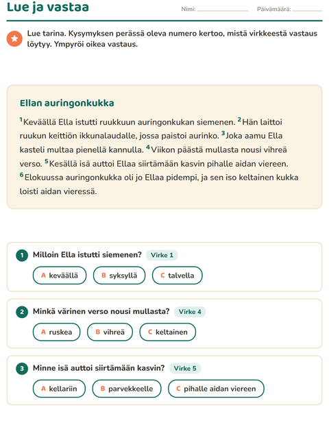 Esikatselu: Luetun ymmärtäminen-tehtäväarkki, 2. luokka