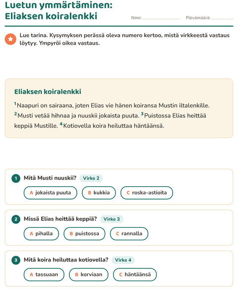 Esikatselu: Luetun ymmärtäminen-tehtäväarkki, 2. luokka