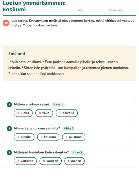 Esikatselu: Luetun ymmärtäminen-tehtäväarkki, 2. luokka