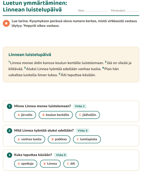 Esikatselu: Luetun ymmärtäminen-tehtäväarkki, 2. luokka