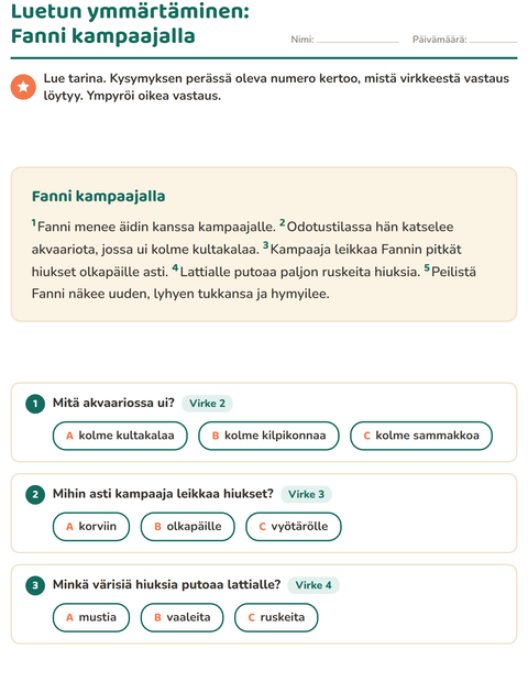 Esikatselu: Luetun ymmärtäminen-tehtäväarkki, 2. luokka