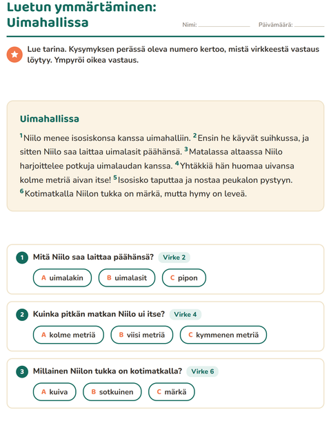 Esikatselu: Luetun ymmärtäminen-tehtäväarkki, 2. luokka