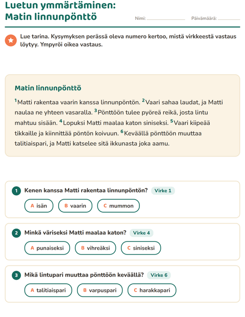 Esikatselu: Luetun ymmärtäminen-tehtäväarkki, 2. luokka