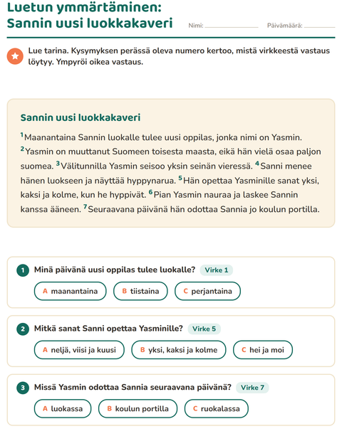 Esikatselu: Luetun ymmärtäminen-tehtäväarkki, 2. luokka