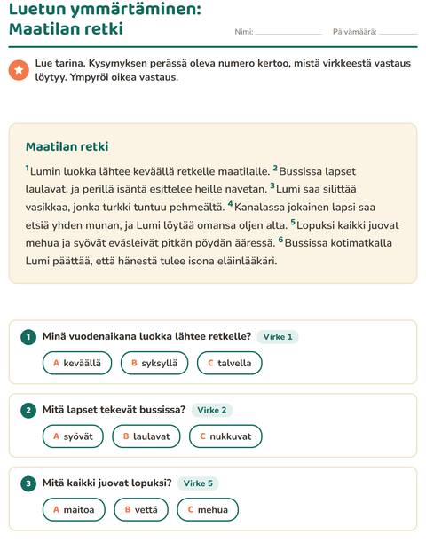 Esikatselu: Luetun ymmärtäminen-tehtäväarkki, 2. luokka